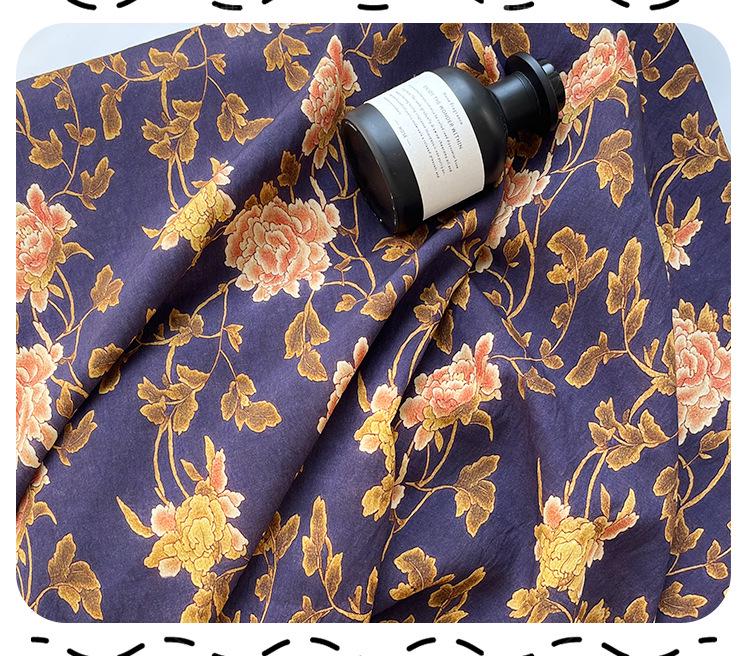Tissu Tencel Ramie : imprimé pivoine métallisée, 150 cm de large, vendu au mètre