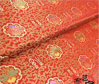 Tissu brocart pêche de longévité chinois : rayonne rouge et or, 75 cm de large