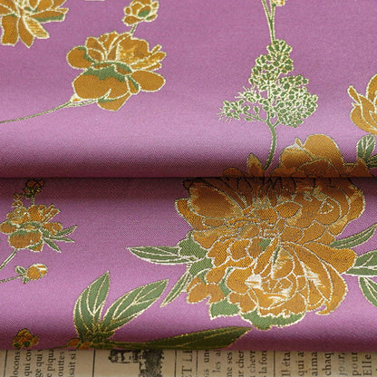 Gold Thread Purple Jacquard Fabric: Peony Pattern, 59" Wide