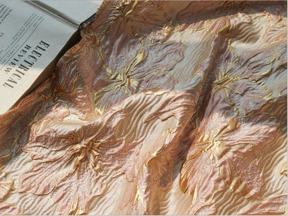 Gold Thread Floral Jacquard Fabric: 3D Oil Painting Texture, 55" Wide