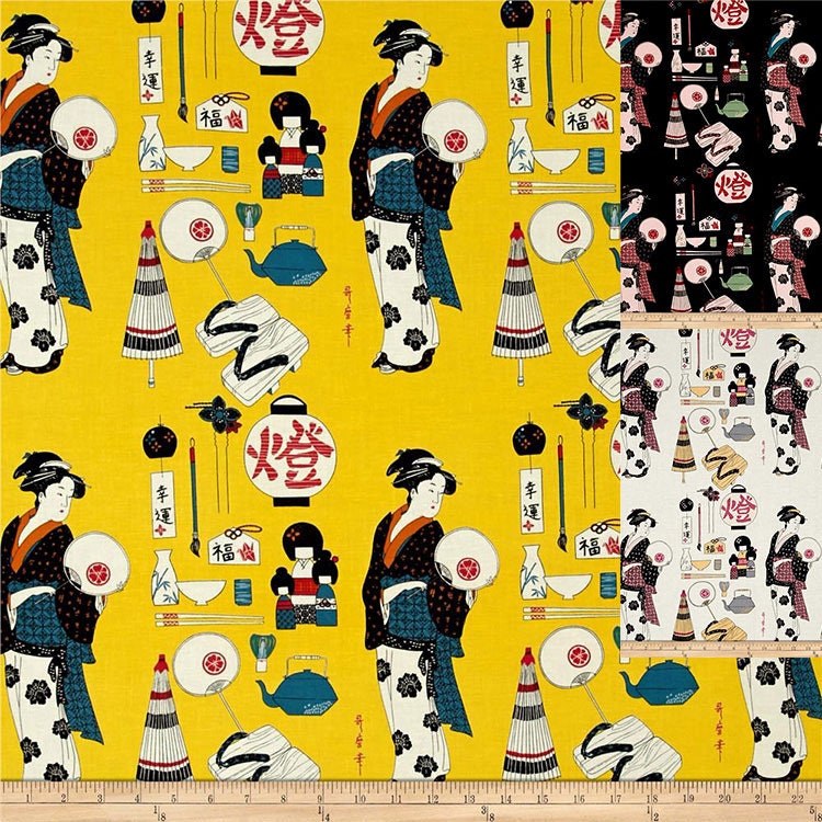 Geisha Dance Print Fabric: Japanese Cotton Spandex Blend