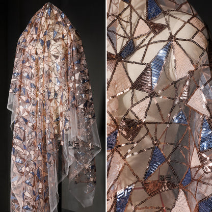 Tissu en maille brodée de sequins, tissu de créateur marron et bleu