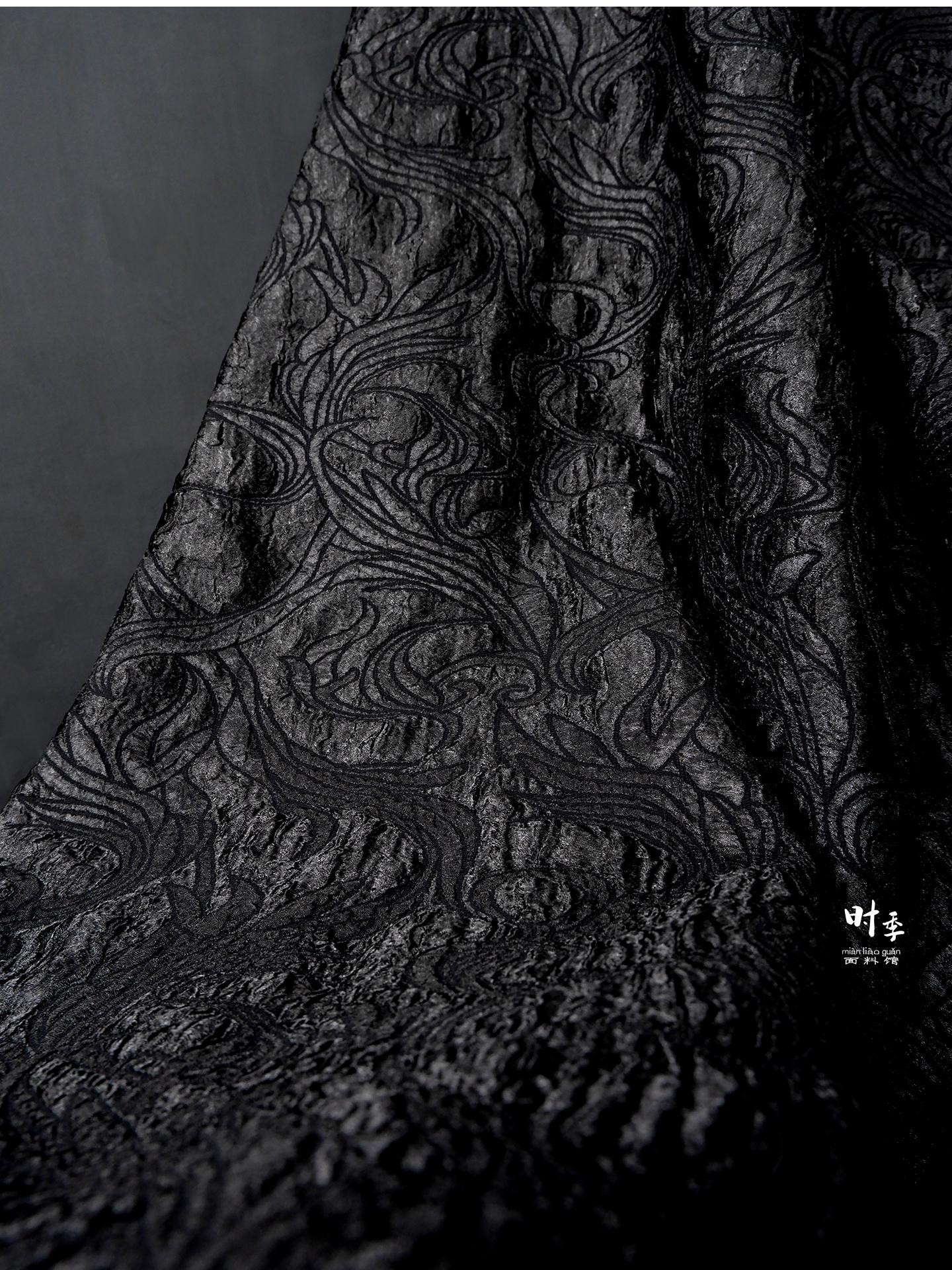 Tissu brocart jacquard queue de phénix noir | Tissu couture gaufré (largeur 150 cm)