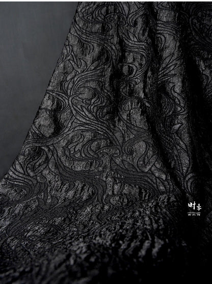 Tissu brocart jacquard queue de phénix noir | Tissu couture gaufré (largeur 150 cm)