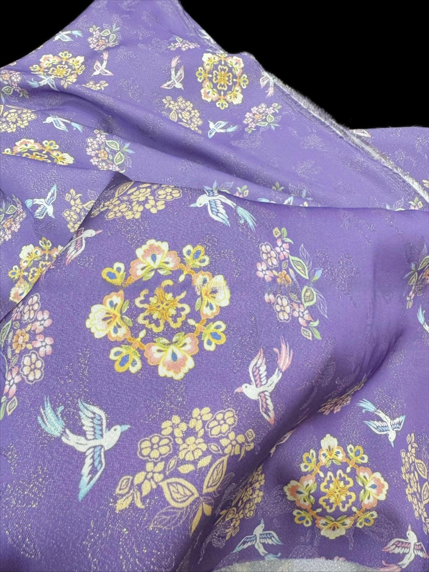 Purple Floral Brocade Fabric: Rayon & Gold Thread Chinese Style Medallion, 55"W