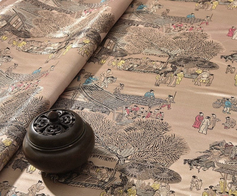 River on the Qingming Festival Brocade Fabric: 59"W Chinese Painting Silk Rayon