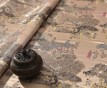 River on the Qingming Festival Brocade Fabric: 59"W Chinese Painting Silk Rayon