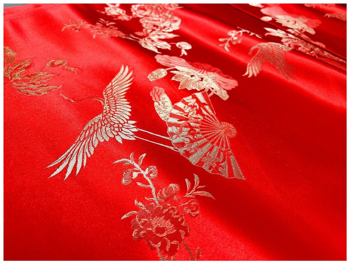 Crane Jacquard Satin Fabric: Red Bird Pattern, 29" Wide, By The Meter
