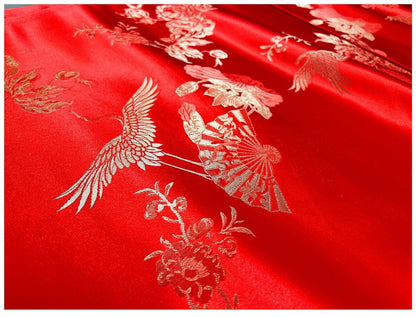 Crane Jacquard Satin Fabric: Red Bird Pattern, 29" Wide, By The Meter