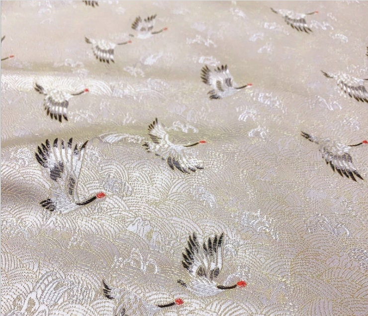 Crane Pattern Jacquard Brocade Fabric: Silk Rayon Blend