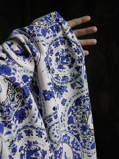 Handmade Linen Cotton Fabric: Floral Print DIY Material, 59" Wide