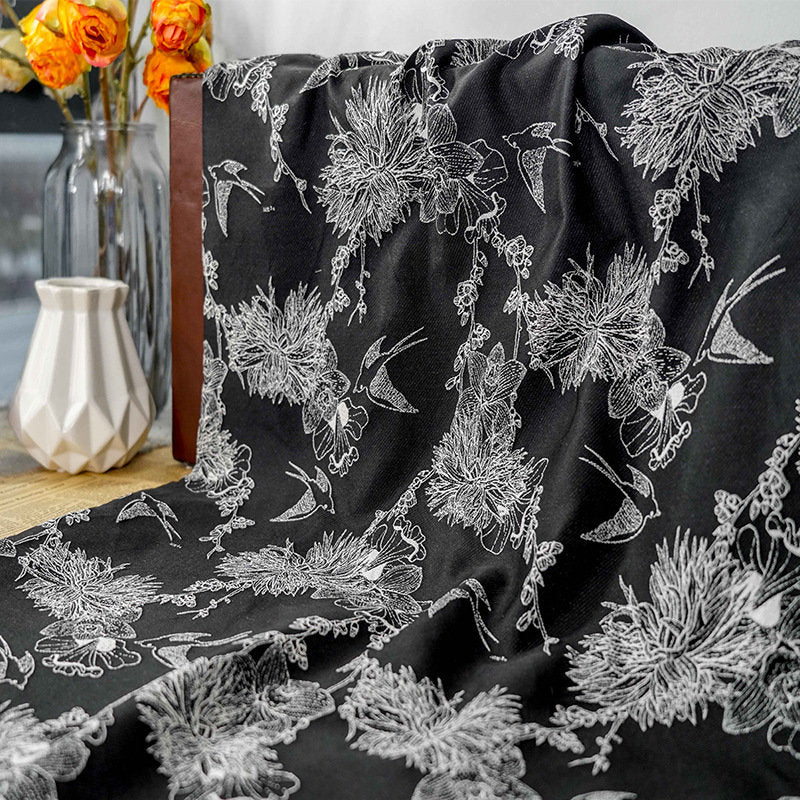 Magpie & Flower Jacquard Fabric: Palace Style Rayon Blend, 55"W