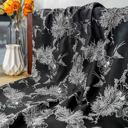 Magpie & Flower Jacquard Fabric: Palace Style Rayon Blend, 55"W