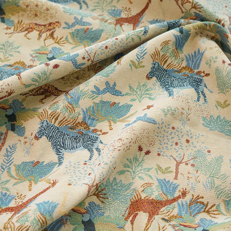 Jacquard Fabric: Zebra Giraffe Zoo Print, Upholstery Sewing Material (59"W)