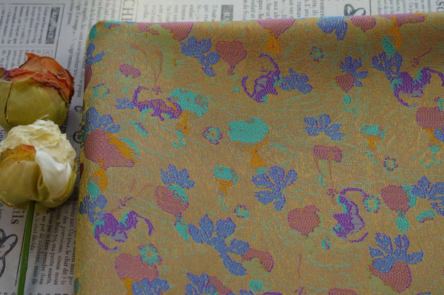 Gold Accents Brocade Fabric - Gourd Jacquard, 59" Wide