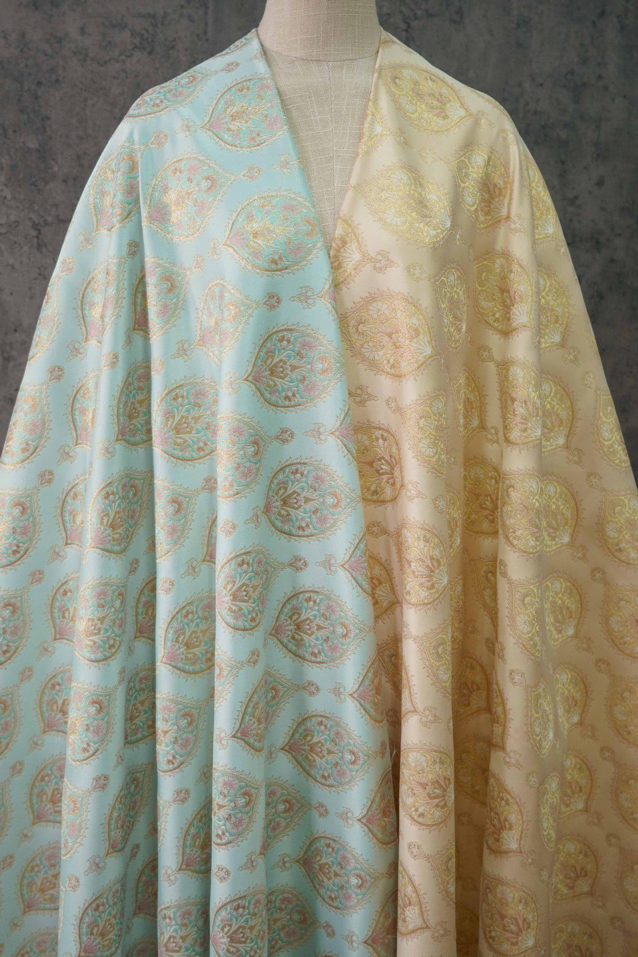 Gold Thread Jacquard Fabric: Foil Peacock Feather Upholstery, 59" Wide