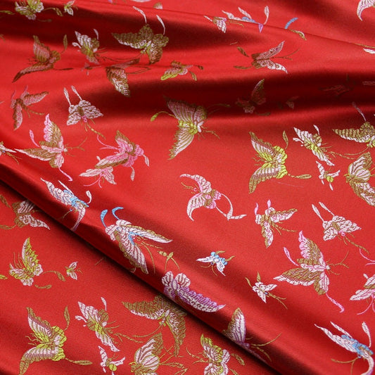 Red Silk Brocade Fabric: Butterfly Floral Jacquard (59"W)