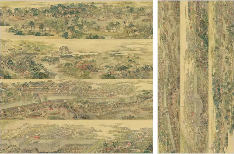 Qingming Festival Satin Fabric: Retro Painting Print, Upholstery & Sewing