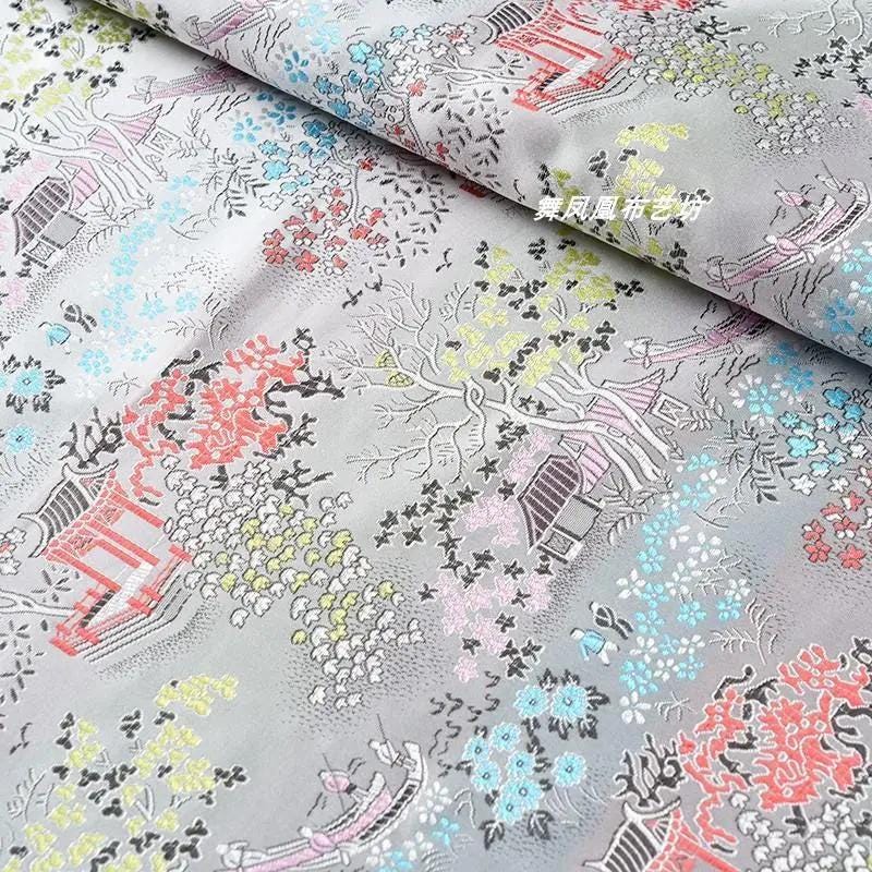 Silver White Brocade Fabric: Ancient Chinese Painting Pattern, 45" Wide