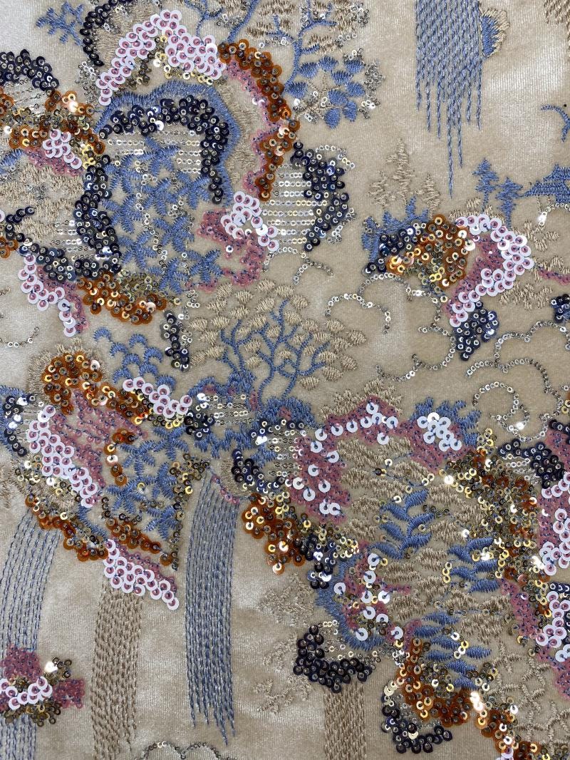 Embroidered Velvet Fabric ��" Wide Plush Material for Sewing & Upholstery