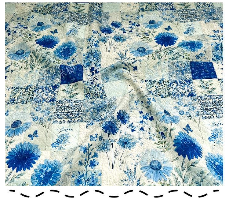 Blue Floral Cotton Fabric: 20s Print, Quilting, Dressmaking - 55" Wide