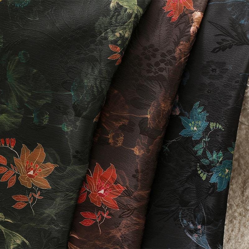Floral Tea Silk Satin Fabric: Ancient Tuberose Print, 59" Wide