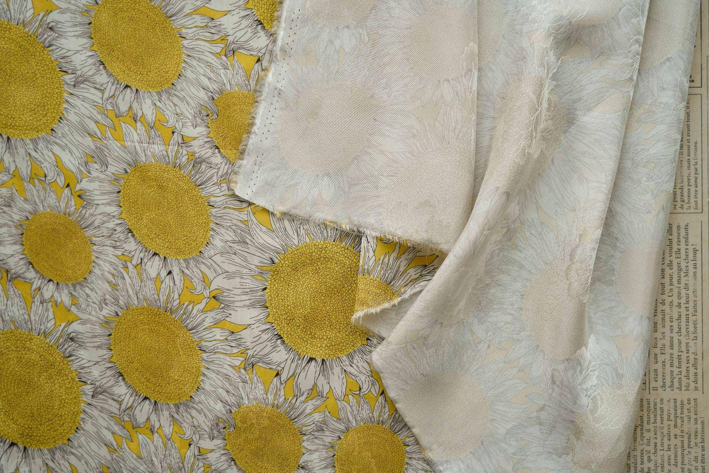 Sunflower Tea Silk Satin Fabric: Digital Print, 55" Wide