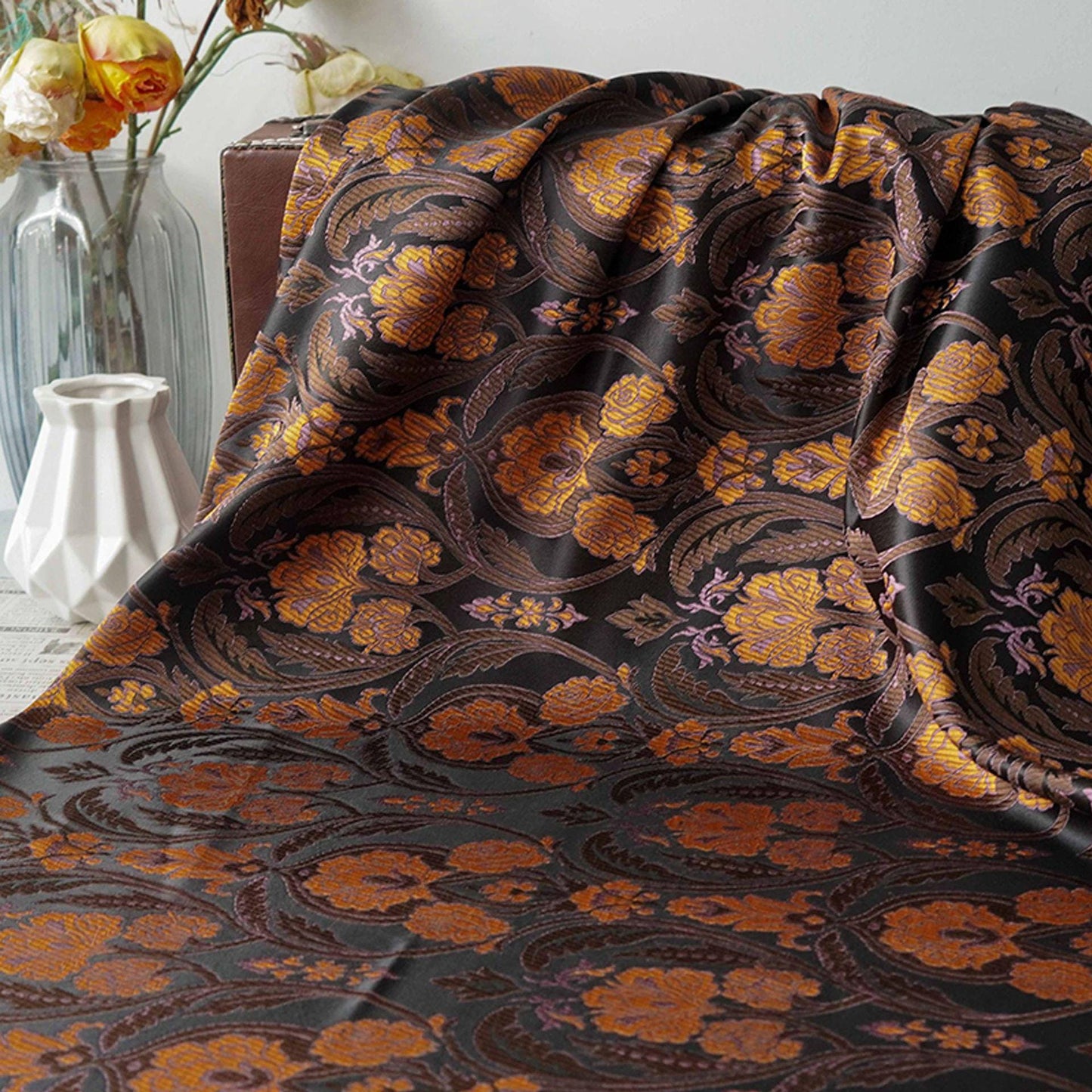 Luxury European Black Rose Scroll Jacquard Fabric ��� Elegant Brocade for Vest, Costume, Upholstery & Dress
