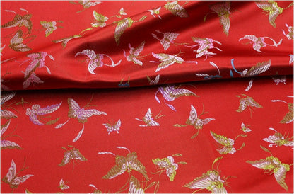 Red Silk Brocade Fabric: Butterfly Floral Jacquard (59"W)