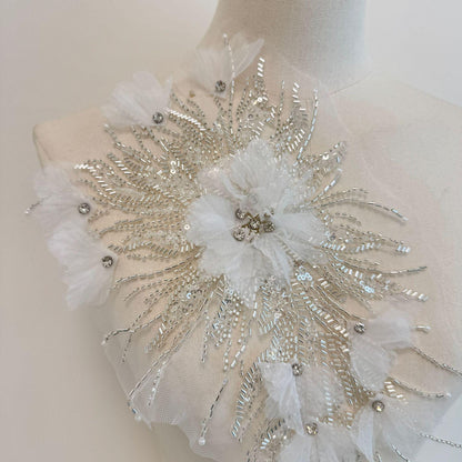 Beaded Sequin Lace Applique Pair: Chiffon Floral Embroidery Trim