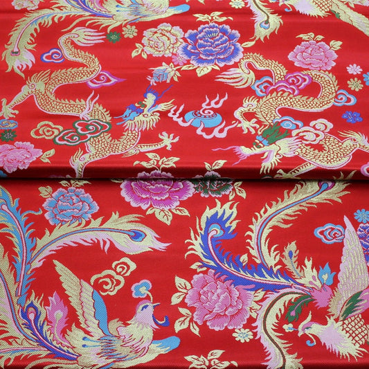 Red Phoenix Brocade Fabric: Chinese Jacquard Satin, Home Decor