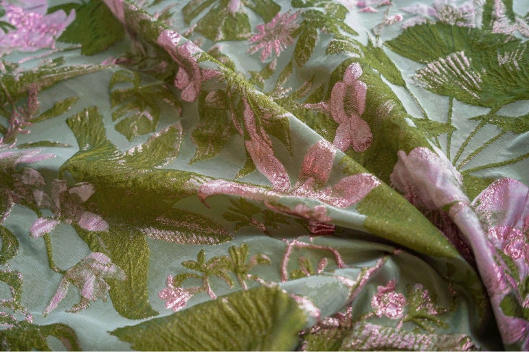 Gold Thread Floral Jacquard Fabric: Pea Green 3D Designer Fabric, 57" Wide