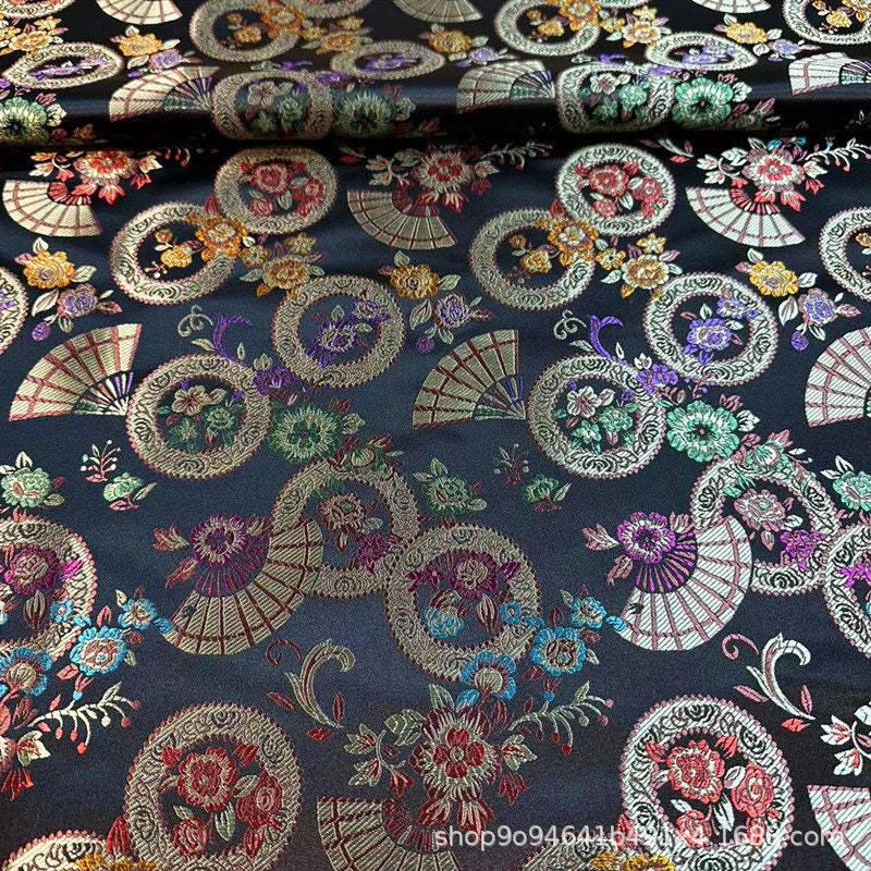 Gold Nishijin Brocade Fabric: Japanese Snow Wheel Fan & Cherry Blossom Silk (59"W)