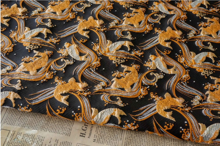 Nishijin Japanese Kinran Fabric: 3D Fish Jacquard Brocade (54" Width)