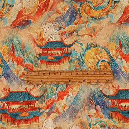 Red Cloud Yarn Flower Fabric: Ancient Painting Style, 59" Wide