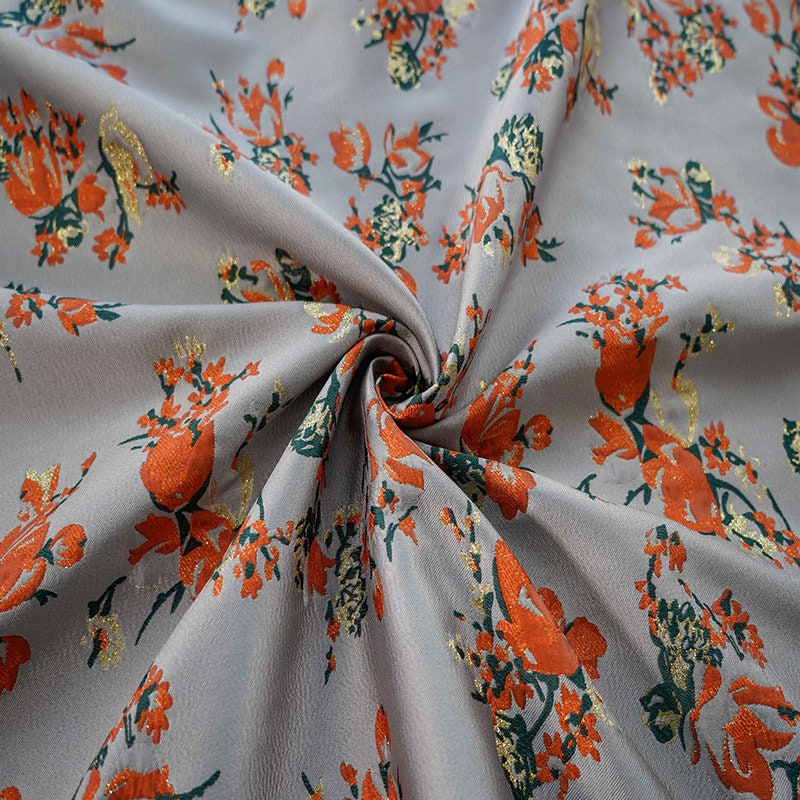 Gold Thread Jacquard Fabric: 3D Oil Painting Texture, Orange Floral (57"W)