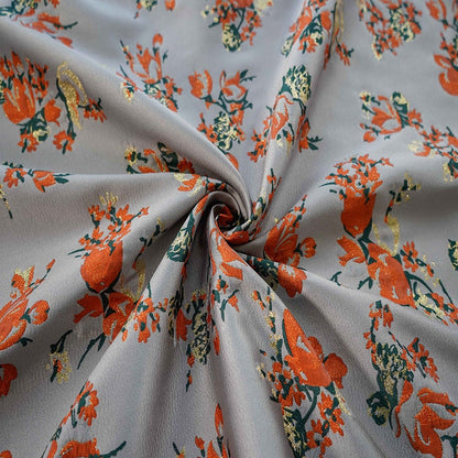 Gold Thread Jacquard Fabric: 3D Oil Painting Texture, Orange Floral (57"W)