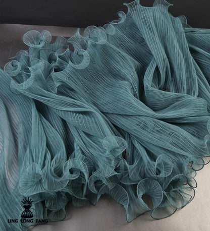 Pleated Ruffle Organza Fabric: Teal Green, Stiff Texture, 20"W