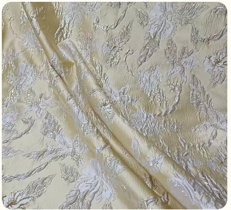 Yellow 3D Embossed Floral Jacquard Metallic Gold Luxury Fabric ��� Textured Brocade for Dress, Home Decor & Craf"Wide