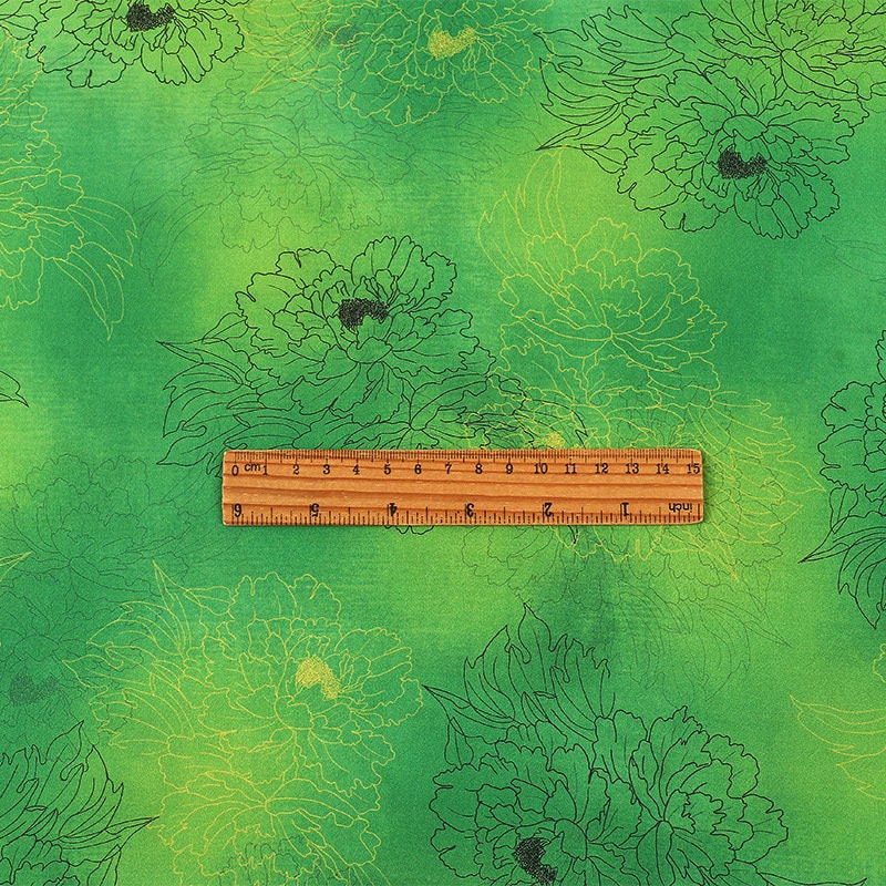 Tissu à imprimé floral pivoine : mélange de polyester et d’élasthanne vert à motifs botaniques, 150 cm de large