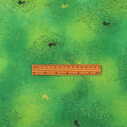 Tissu à imprimé floral pivoine : mélange de polyester et d’élasthanne vert à motifs botaniques, 150 cm de large