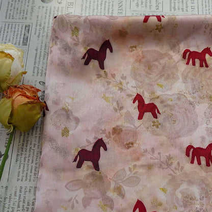 Horse Print Satin Fabric ��� Chinese Style Rose Dec"W