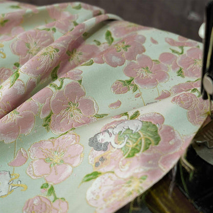 Peach Blossom Brocade Fabric: Floral Jacquard, 58"W Chinese Wedding Material