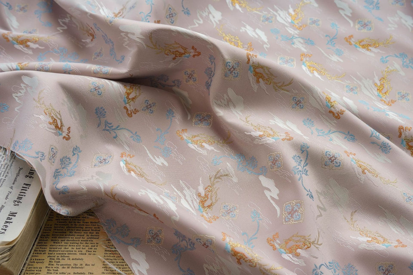 Reversible Floral Jacquard Fabric: Gold Thread Embossed Upholstery, 63"W