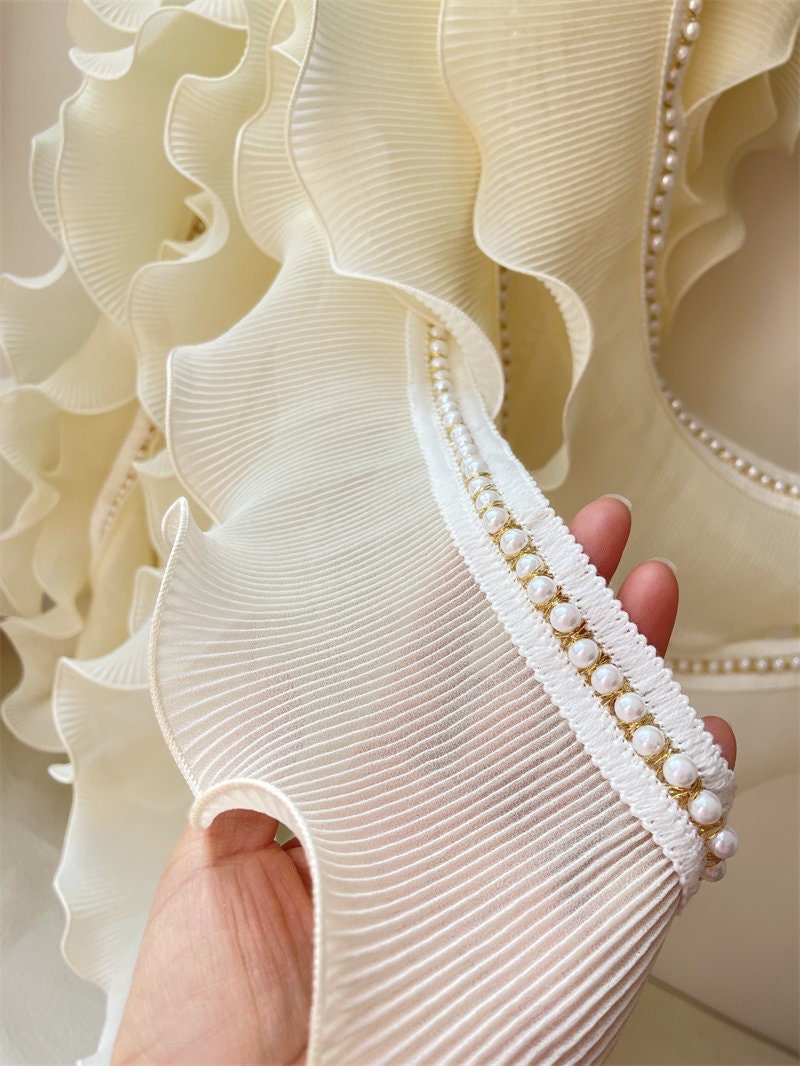 Ivory Pleated Chiffon Trim: Beaded Ruffled Fabric, 4.3" Width