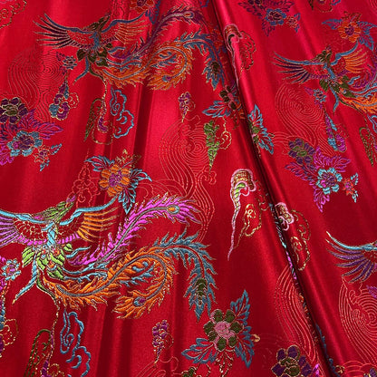 Tissu brocart Red Phoenix : satin de soie damassé cheongsam chinois, 75 cm de large