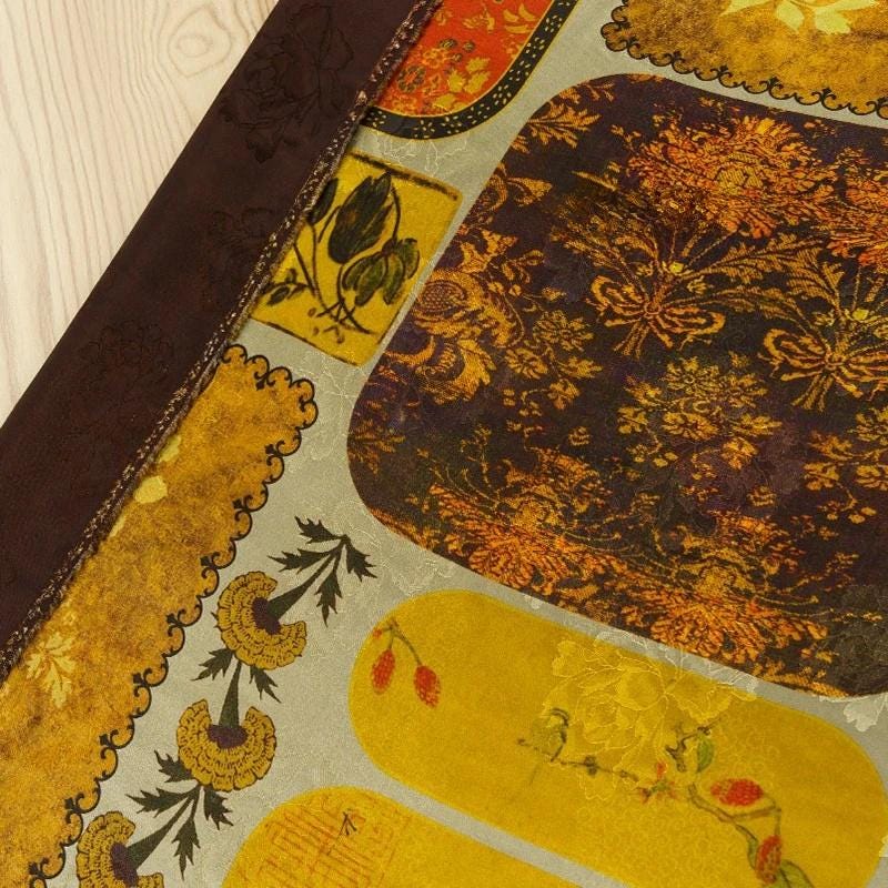 Ancient Dunhuang Tea Silk Satin Fabric: Floral Print, 59" Wide
