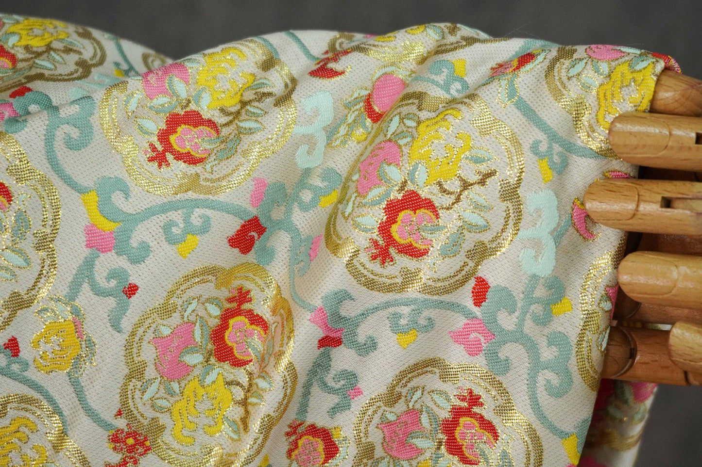 Oriental Medallion Jacquard Fabric, Gold Thread Chinese Textile, 59"W