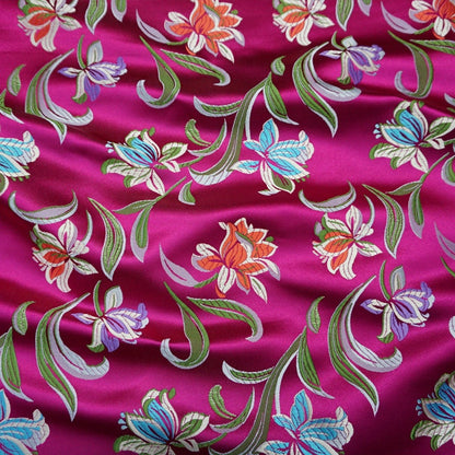 Japanese Daffodil Jacquard Brocade Fabric: Maroon Silk Rayon Blend, 29.5" Wide