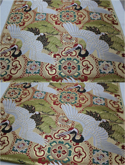 Japanese Crane Jacquard Satin Fabric: Pale Gold Bird Fabric, 29.5"W